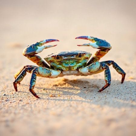 Blue crab on the beach. Selective focus on the crab.の素材