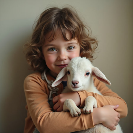 Portrait of a cute little girl holding a white goat. Cute child with lamb.の素材