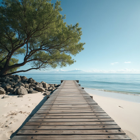 Wooden pier on the beach. Beautiful seascape with blue skyの素材