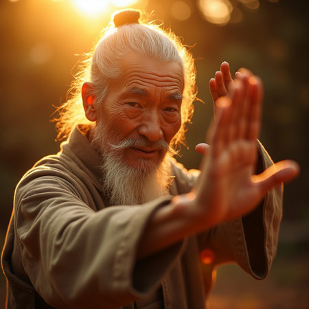 Portrait of an elderly man in the autumn forest. Portrait of an elderly man.の素材