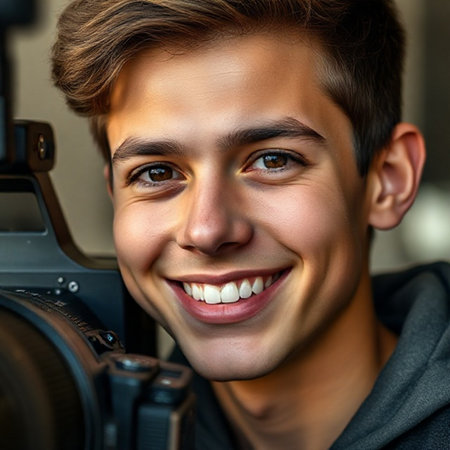 Close-up portrait of a smiling young man with a camera.の素材