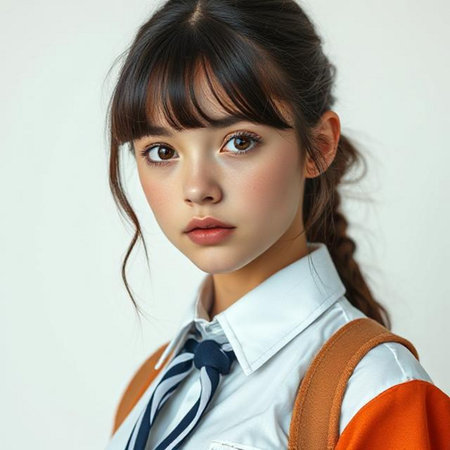 Portrait of a beautiful Asian schoolgirl on white background.の素材