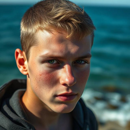 Portrait of a young boy on the beach. Close-up.の素材