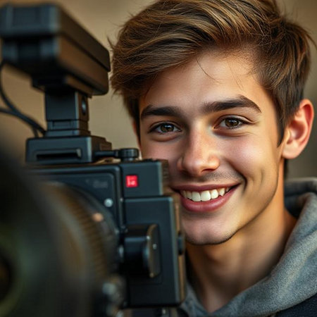 Close up portrait of a smiling young man with a professional video cameraの素材