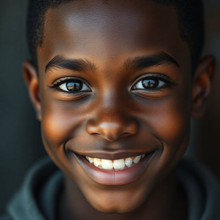 Close up portrait of a happy young African American woman smiling.の素材