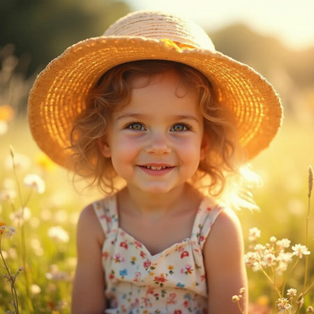 Cute little girl in a hat on a meadow at sunsetの素材