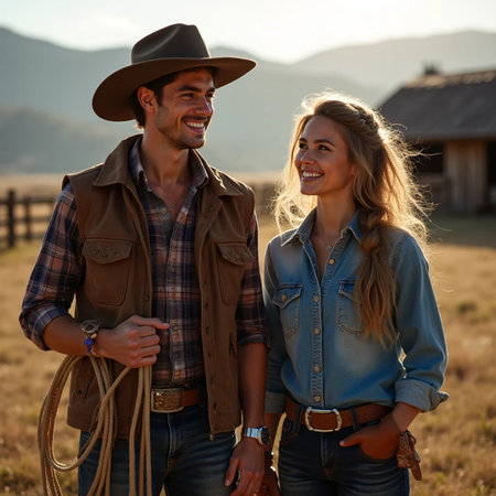 Smiling cowboy and cowgirl looking at each other while standing in fieldの素材