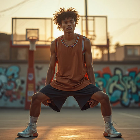 Young african american man doing stretching exercises on the basketball court.の素材