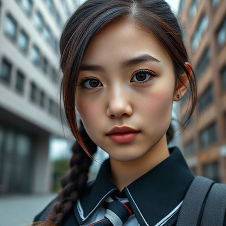 Portrait of a beautiful Asian girl wearing school uniform in the cityの素材