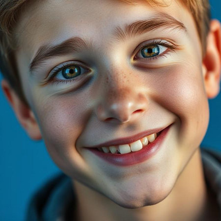 Portrait of a smiling boy with freckles on his face.の素材