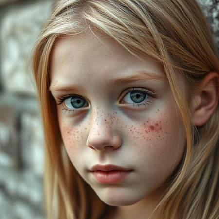 Close-up portrait of a girl with freckles on her faceの素材