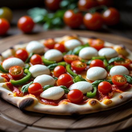 Pizza with mozzarella, cherry tomatoes and green peppers on a wooden boardの素材