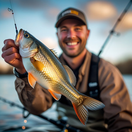 Fisherman with big fish caught on spinning rod at sunset.の素材