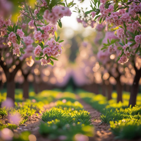 Blossoming almond trees in spring garden. Shallow depth of fieldの素材