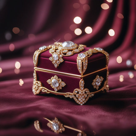 jewelry box on a red satin background with bokehの素材