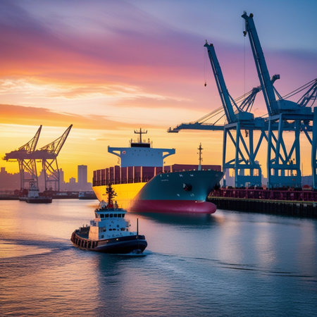 Container Cargo freight ship with working crane bridge at sunset for Logistic Import Export backgroundの素材