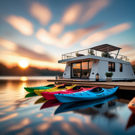 3D rendering of a house with kayaks on a lake at sunsetの素材