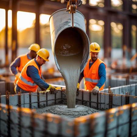 Workers pouring concrete on a construction site. Workers pouring concrete on a construction site.の素材