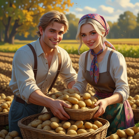 Portrait of a happy smiling young couple harvesting potatoes in the fieldの素材