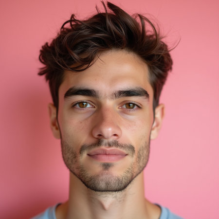 Portrait of a young man with a beard on a pink backgroundの素材