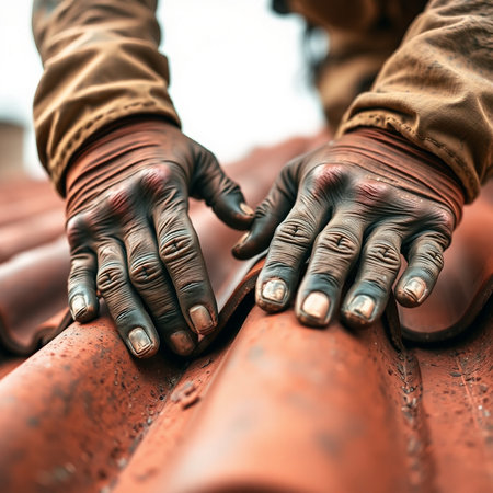 Close up of a worker's hands holding a red roof tiles.の素材