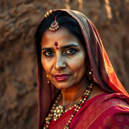 Portrait of a beautiful Indian woman wearing saree and jewelryの素材