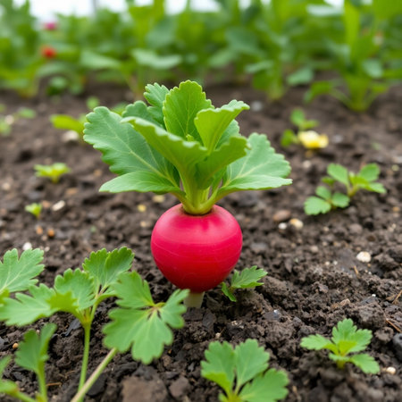 Red radish growing in the vegetable garden. Selective focus.の素材