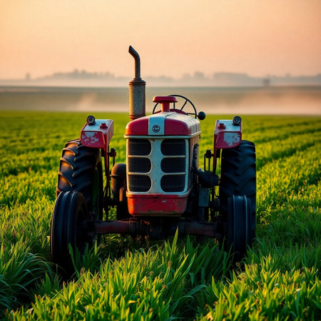 Tractor in the field at sunset. Tractor on the fieldの素材