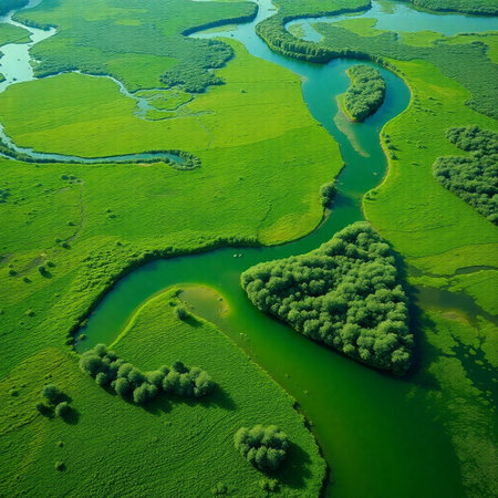 Aerial view of the river and forest. Summer landscape with river.の素材