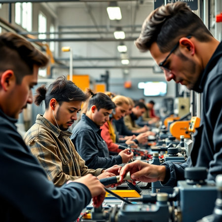 Group of young factory workers working on a machine in a factory.の素材