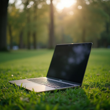 Laptop with blank screen on green grass in the park at sunsetの素材