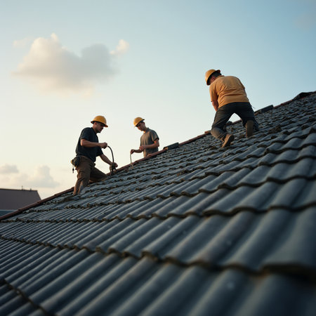 Construction workers installing roof tiles on a new house with blue sky backgroundの素材
