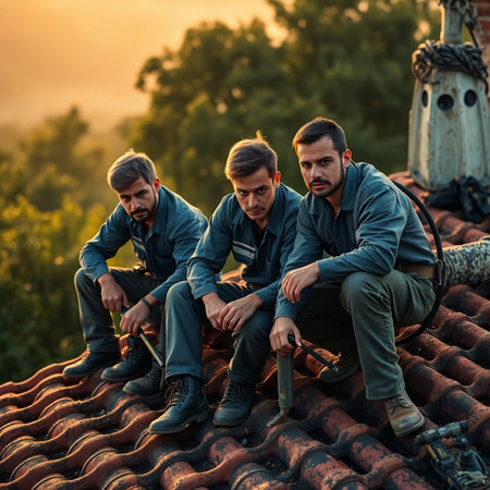 Group of men in overalls sitting on the roof of the house.の素材