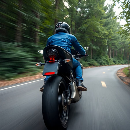 Motorcyclist riding a motorbike on a forest road. Motion blurの素材