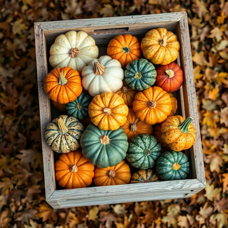 Colorful pumpkins in a wooden box, top view. Autumn backgroundの素材