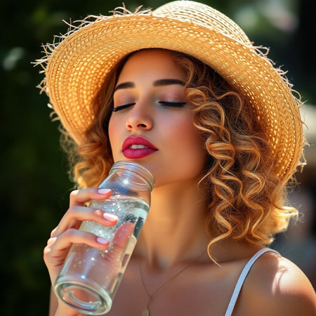 Portrait of beautiful young woman in straw hat drinking water from bottle outdoorsの素材