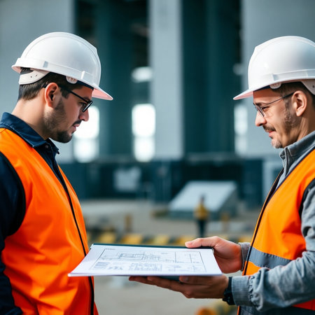selective focus of engineer and architect in helmets looking at blueprint at construction siteの素材
