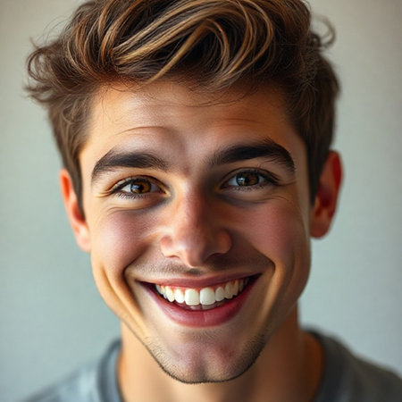 Close-up portrait of a handsome young man smiling and looking at cameraの素材