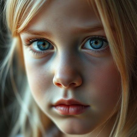 Portrait of a beautiful little girl with blond hair and blue eyesの素材