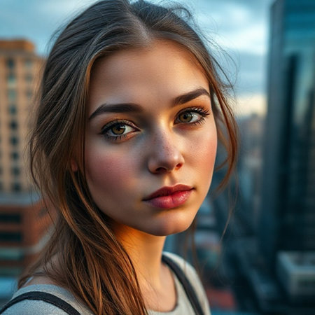 Close-up portrait of a beautiful young woman in the city.の素材