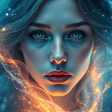 Fantasy portrait of a beautiful woman with blue eyes and long hair.の素材