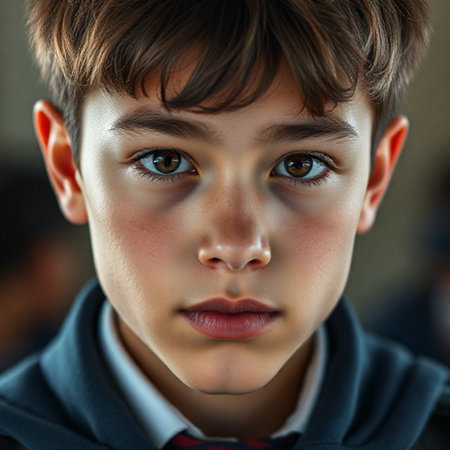 Portrait of a boy in school uniform looking at the camera.の素材