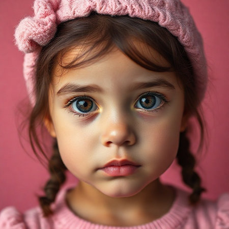 Portrait of a cute little girl in a pink knitted hat.の素材