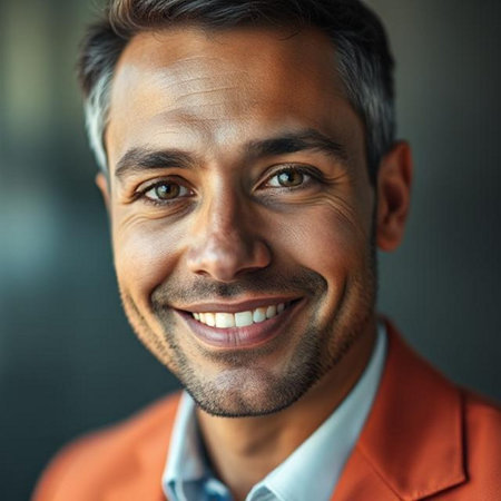 Close up portrait of a smiling businessman in an orange shirt and blue shirtの素材