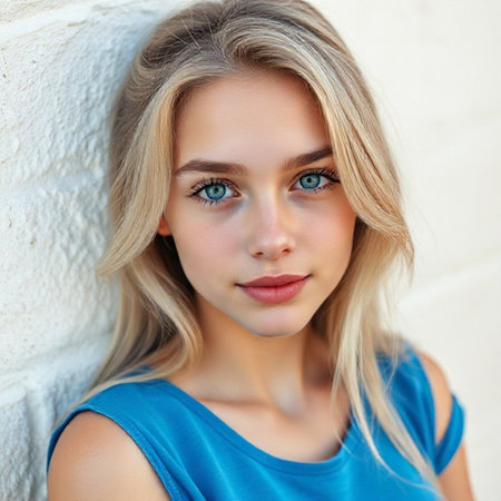 Portrait of a beautiful young woman with blue eyes and blond hairの素材
