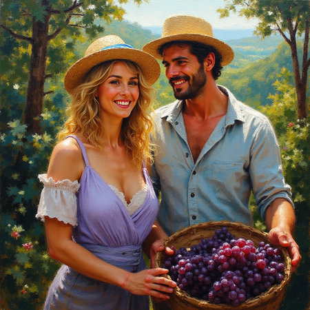 Happy couple holding grapes in vineyard. Photo in oil painting style.の素材