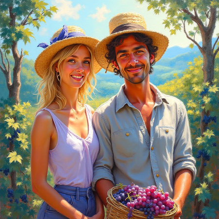 Young couple with basket of grapes on the background of a beautiful landscapeの素材