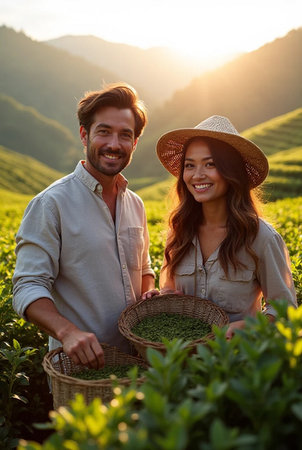 Happy couple holding tea leaves and smiling at camera in the tea plantationの素材