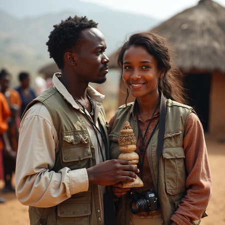 Young African couple standing in front of a hut and looking at each other.の素材