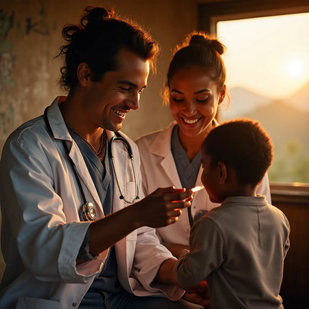 Smiling female pediatrician with stethoscope examining little boy in hospitalの素材